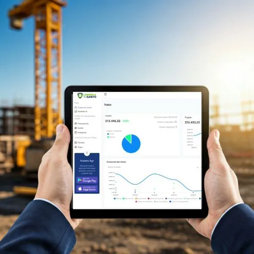 Panel de control de obra en una tablet mostrando presupuesto y ejecución real