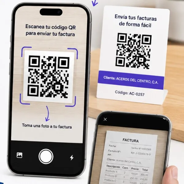 Un cliente escanea su código QR y fotografía una factura para enviarla a su contador